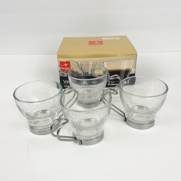 Expreso Cups Set of 4 3.5oz Cups Bormioli Rocco Brand Clear Glass Silver Handles - Picture 4 of 10